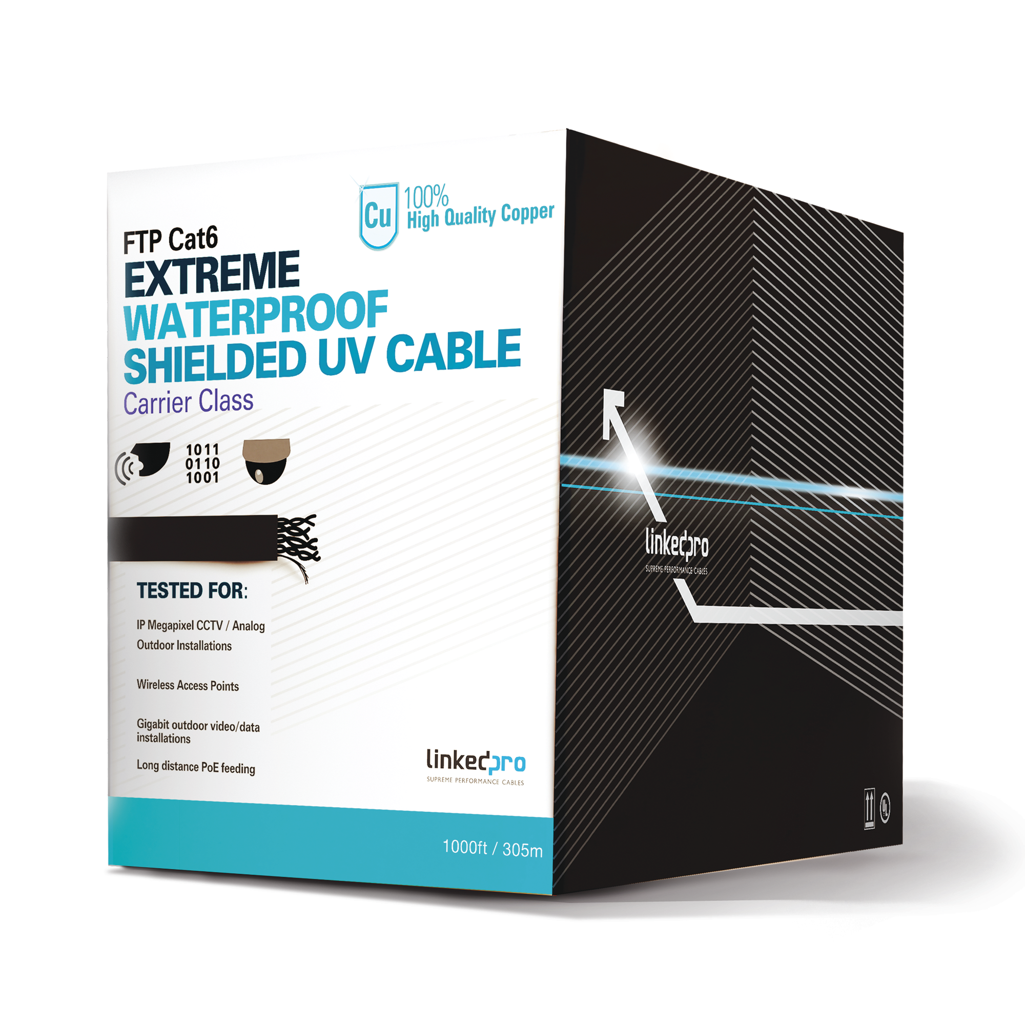 Bobina de cable 305 Metros Cat6+ CALIBRE 23, Climas EXTREMOS, Color negro, sin blindar, para intemperie. Bobina de cable 305 Metros Cat6+ CALIBRE 23, Climas EXTREMOS, Color negro, sin blindar, para intemperie.